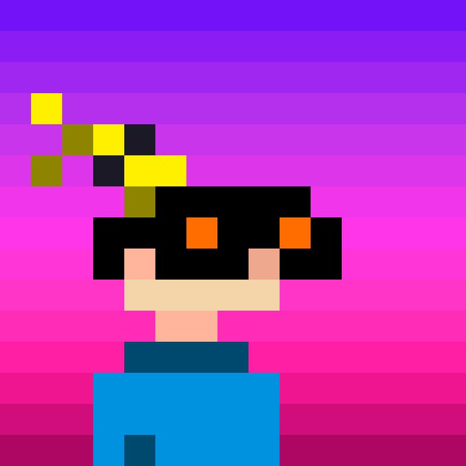 A pixel art character wearing a black mask and blue shirt against a vibrant pink and purple striped background.