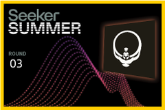 A black and yellow graphic for 'Seeker SUMMER ROUND 03' featuring a skull logo and colorful dotted wave pattern.
