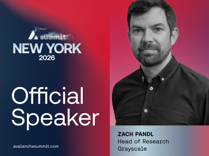 An 'Official Speaker' promotional graphic for Avalanche Summit New York 2026, featuring Zach Pandl, Head of Research at Grayscale.