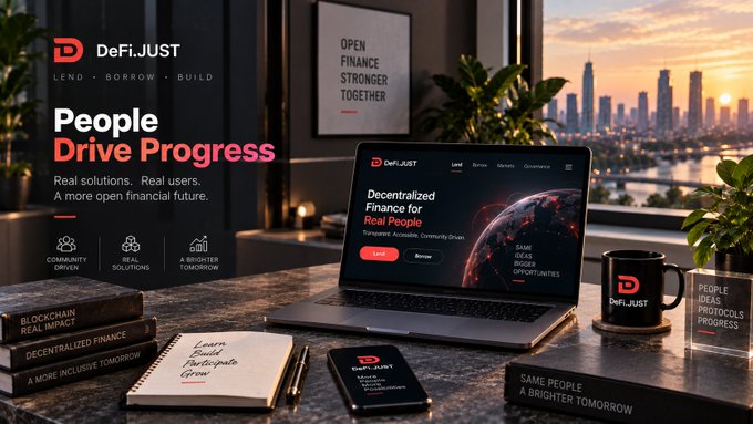 A promotional image for 'DeFiJUST' with the tagline 'People Drive Progress' and 'Decentralized Finance for Real People', showing a laptop displaying the website on a desk alongside branded merchandise.