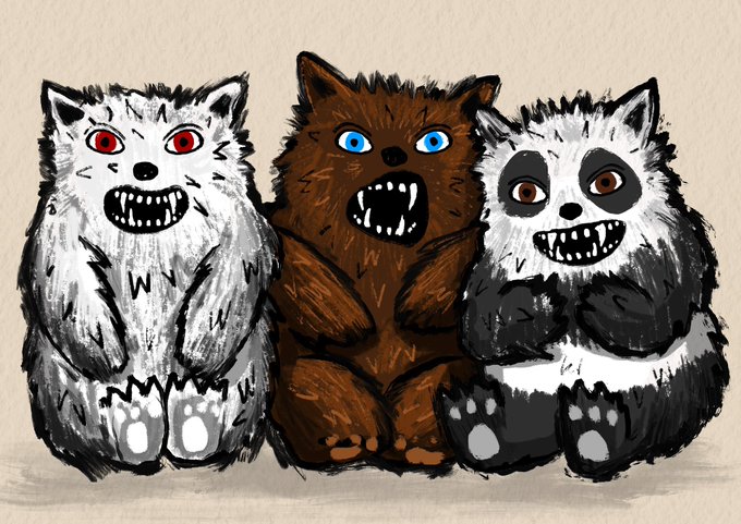 A digital drawing featuring three monstrous, cartoonish animal figures with sharp teeth and glowing eyes in white, brown, and panda-like coloring.