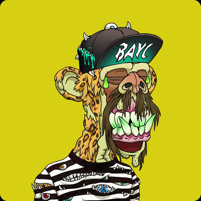 A digital illustration of a Bored Ape Yacht Club (BAYC) NFT character - a grotesque ape wearing a black cap with 'BAYC' written on it, on a yellow background.