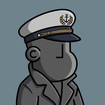 A profile illustration of a gray character wearing a white naval officer's cap with gold detailing and a gray coat.