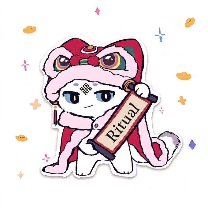 A cute cartoon sticker featuring a white cat character wearing a red Chinese lion dance costume and holding a scroll that reads 'Ritual'.