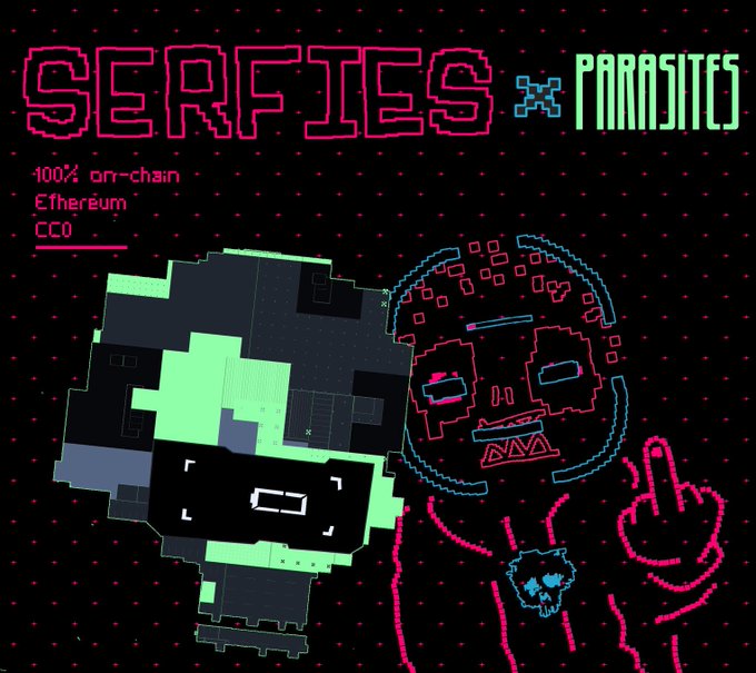 A pixel-art promotional graphic for the "SERFIES x PARASITES" collaboration features glitchy pink and green text displaying "SERFIES" and "PARASITES" alongside a pixelated green character and a pink zombie-like figure with a skeleton hand making an offensive gesture, visually tying together the two NFT projects mentioned in the post about the cross-promotional free mint for PARASITES holders.