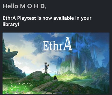A Steam library notification addresses "MOHD" announcing that the game "EthrA Playtest" is now available, accompanied by artwork showing a character standing on a rocky outcrop in a lush, mountainous fantasy landscape under the game's stylized logo—aligning with the post's intent to try out EthrA.