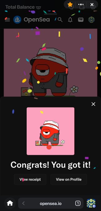 A mobile screenshot from OpenSea showing a successful NFT purchase with the message 'Congrats! You got it!' for a cartoon character NFT.