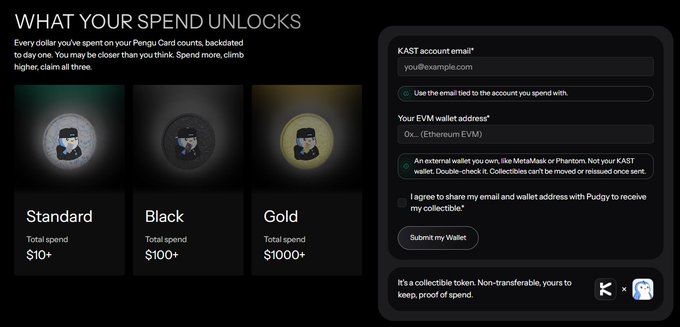 In the image, there are three different colored circles representing gold, black, and standard. A summary of what this image shows is that when spending a certain amount with the penguin card, users can collect bronze kast beads as their tokens. These tokens can be used for various purposes such as claiming your account details or making an external payment. The image provides information on how to achieve this goal by spending $10+ and collecting tokens retroactively from the day of use.