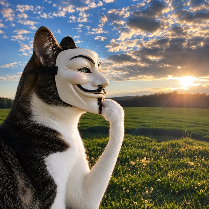 A black and white cat wearing a Guy Fawkes mask sits in a grassy field during a sunset.