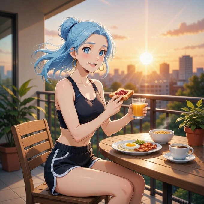 The image features an anime character with blue hair sitting at a table holding a plate of food, which includes toast and eggs. The setting appears to be outdoors, possibly on a balcony or patio area. There are also two potted plants visible near the scene. The main focus is on the girl's breakfast, showcasing her meal in detail while incorporating elements from the anime character's world.