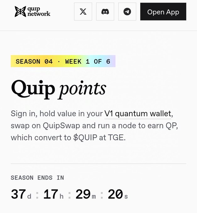 A screenshot of a Quip Network webpage titled 'Quip points' explaining how to earn QP tokens, featuring a countdown timer for Season 04, Week 1.