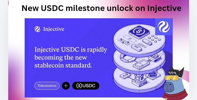 Promotional graphic titled 'New USDC milestone unlock on Injective' featuring the Injective logo and text stating 'Injective USDC is rapidly becoming the new stablecoin standard' alongside a cartoon mole mascot wearing sunglasses.