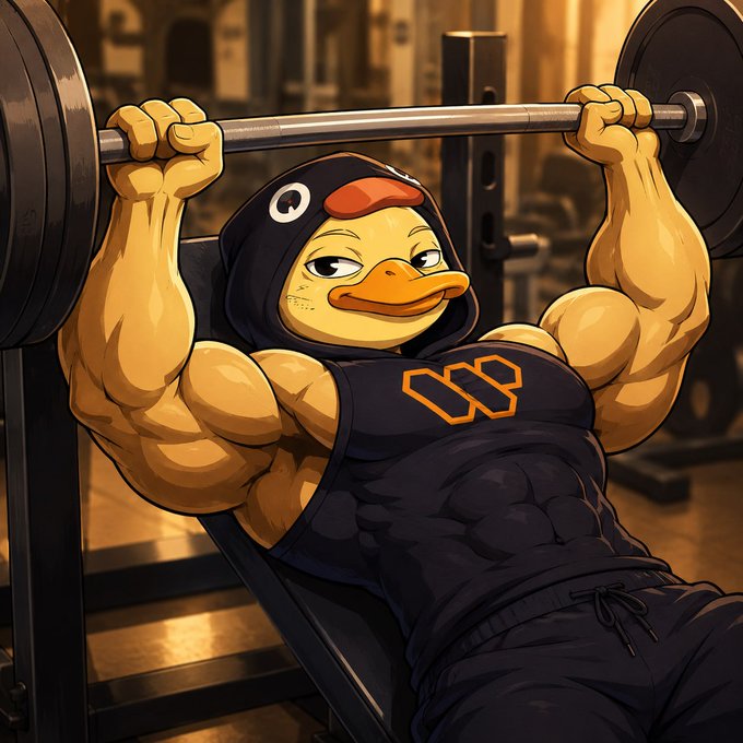 An anime-style illustration of a muscular duck character with an orange beak wearing a black hoodie, performing a barbell bench press in a gym setting.