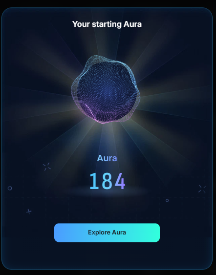 A mobile app interface showing 'Your starting Aura' with a glowing, dark blue and purple 3D blob shape, the number '184', and an 'Explore Aura' button.