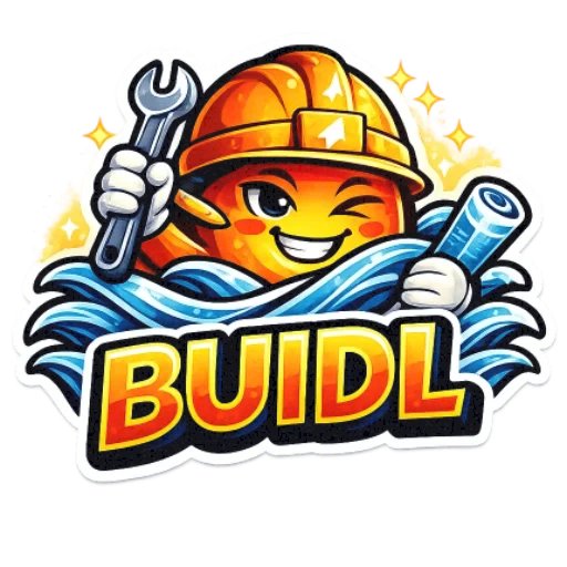 A cartoon mascot sticker features a smiling orange character wearing a yellow hard hat, holding a wrench and a blueprint, with the word "BUILDL" in bold orange letters.
