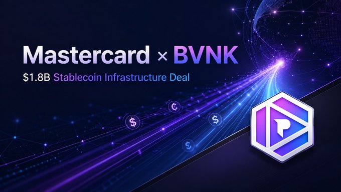 A promotional graphic announces a '$1.8B Stablecoin Infrastructure Deal' between Mastercard and BVNK.