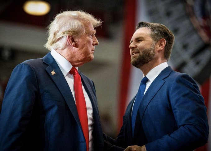 The image shows Donald Trump and an unidentified man, serving as a visual representation of the "Presidential Duo" mentioned in the post about their disclosed Bitcoin holdings.