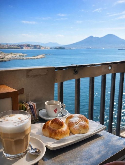 A scenic café table overlooking the Bay of Naples with Mount Vesuvius in the distance, featuring a cappuccino, a latte, and two croissants on a plate.