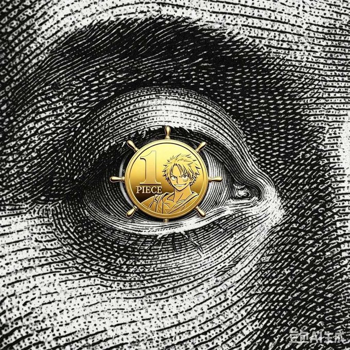 A One Piece-themed design showing a gold coin with "1 PIECE" and an anime character's face positioned in the center of a detailed black-and-white engraved eye.