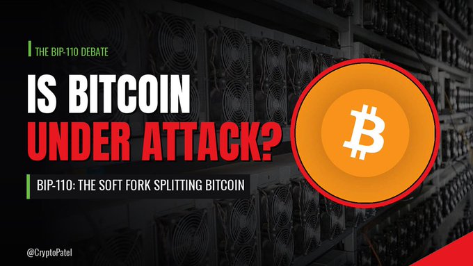 A promotional graphic for a "BIP-110 DEBATE" article features bold text reading "IS BITCOIN UNDER ATTACK?" and "BIP-110: THE SOFT FORK SPLITTING BITCOIN," set against a backdrop of industrial mining rigs with a large orange Bitcoin logo. The image, branded by @CryptoPatel, visually reinforces the article's discussion of the controversial BIP-110 proposal and its potential to divide the Bitcoin community.
