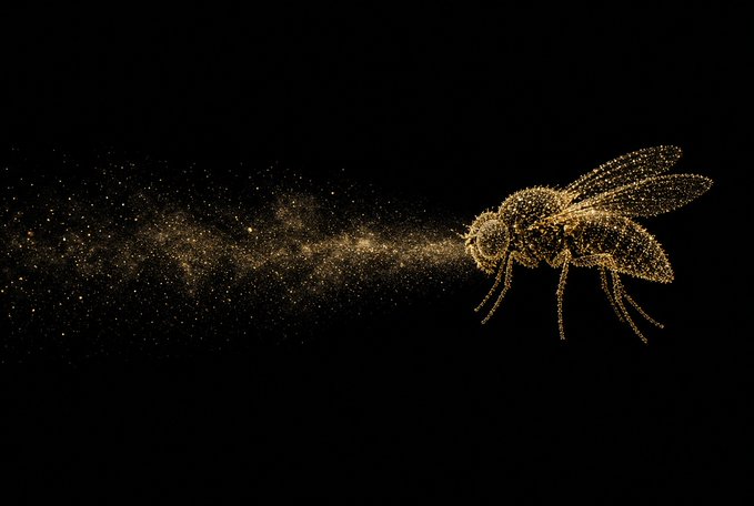 An artistic digital rendering of a bee composed of glowing golden particles flying toward the left across a black background, leaving a sparkling trail behind it.