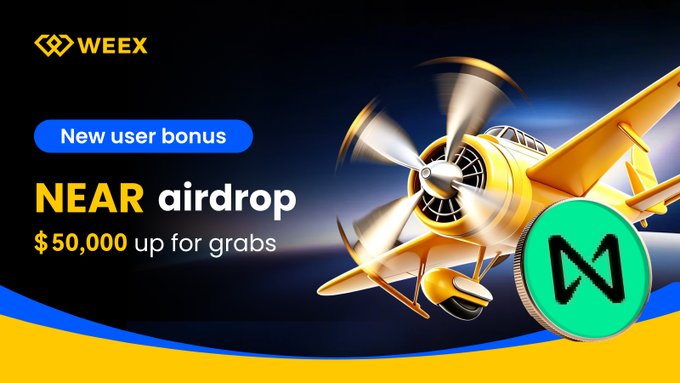 A Weex promotional banner advertises a $NEAR airdrop offering a $50,000 prize pool for new users, featuring a yellow biplane alongside the NEAR Protocol logo, matching the campaign's details for trading-based rewards.