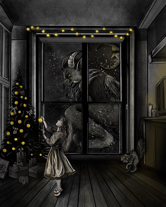 A dark fantasy illustration showing a girl decorating a Christmas tree with yellow ornaments inside a house, while a horned Krampus-like creature with a moon face peers menacingly through the snow-covered window.