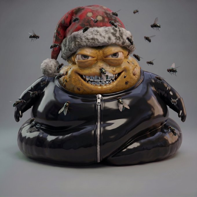 A grotesque 3D-rendered figure resembling a corrupted Garfield character wearing a Santa hat and black latex suit, surrounded by flies.