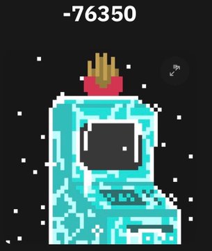A pixel art character wearing a French fry crown, with the score '-76350' displayed at the top against a dark background.