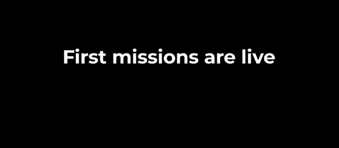 The image displays the bold white text "First missions are live" centered on a black background. This aligns with the post's announcement that Season 0 is now active on @c8ntinuum, indicating that initial quests and legacy credit claims are available for users.