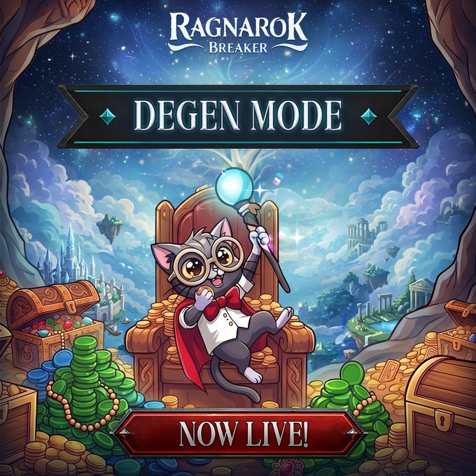 A colorful promotional graphic for "RAGNAROK BREAKER - DEGEN MODE - NOW LIVE!" featuring a cartoon cat with glasses and a magic wand sitting on a pile of gold coins.