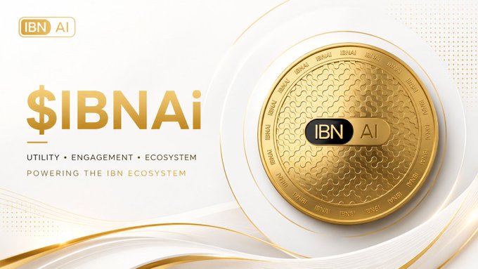 A promotional graphic for a cryptocurrency token called '$IBNAi,' featuring a gold coin with the IBN AI logo and text describing its utility, engagement, and ecosystem.