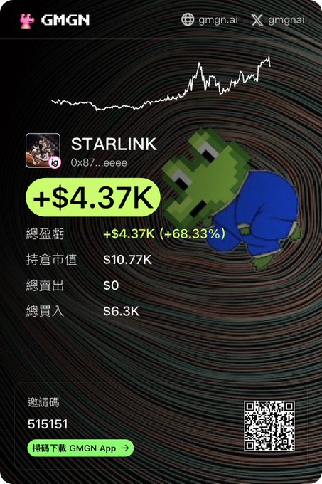 A GMGN cryptocurrency tracking app screenshot showing a 'STARLINK' token with address '0x87...eeee' displaying a +$4.37K (+68.33%) gain, total market value of $10.77K, and a green Pepe-style frog character.