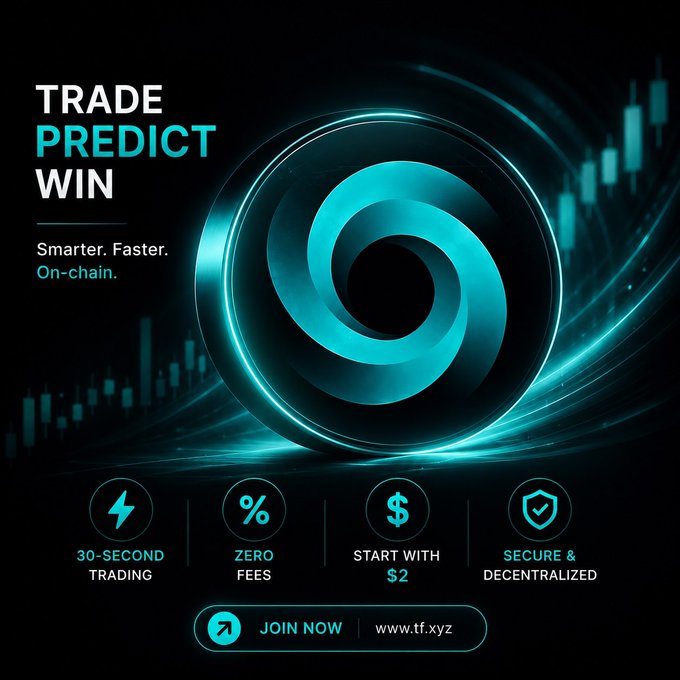 This image promotes TurboFlow.xyz, a Web3 prediction market project offering "TRADE PREDICT WIN" with features like 30-second trading, zero fees, starting with $2, and being secure & decentralized. The visual elements, like the coin logo and stock market charts, highlight the trading and prediction aspects of the platform.