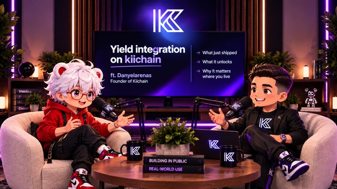 A podcast or talk show set features two cartoon-style characters seated across from each other, with the screen reading 'Yield integration on kiichain ft. Danyelarenas Founder of Kiichain' alongside bullet points.