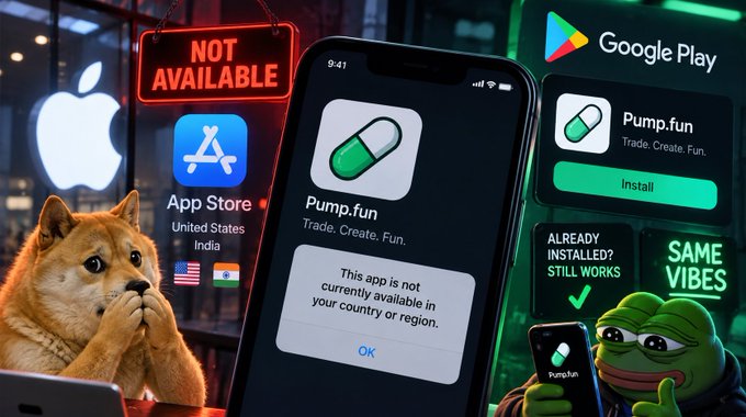 A digital image showing the App Store and Google Play Store with a 'NOT AVAILABLE' sign on the App Store and a 'NOT AVAILABLE IN YOUR COUNTRY' message for the 'Pump.fun' app on a phone screen.