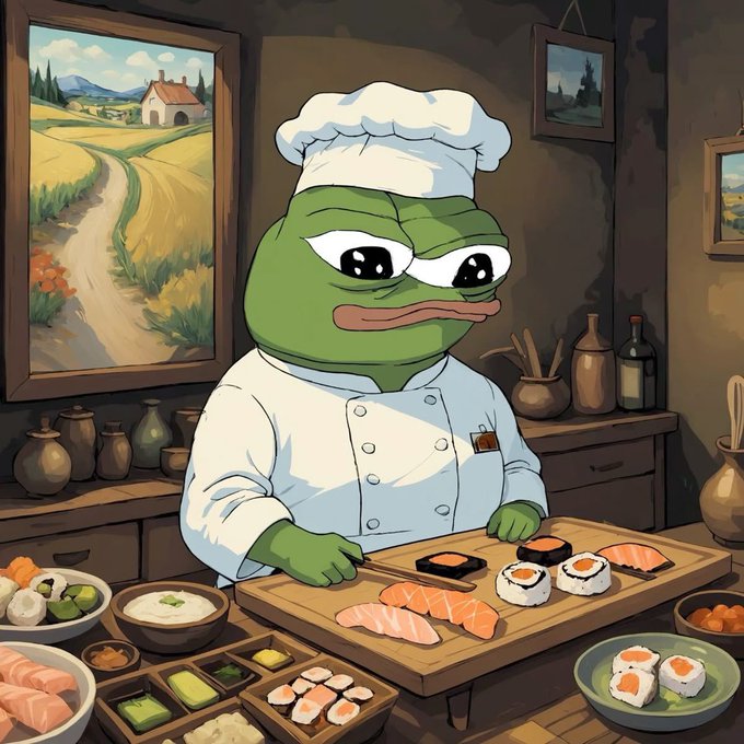 An illustrated Pepe the Frog character dressed as a sushi chef with a white hat and coat, preparing salmon and sushi rolls in a rustic kitchen with a countryside painting in the background.