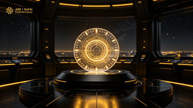 A glowing golden tech emblem labeled "ARK | DeFAI - Code the Future" hovers in a futuristic control room overlooking a starlit cityscape, symbolizing the AI-powered clarity and forward momentum that the Arkie AI App brings to ARK users by turning ideas into actionable, trackable progress.