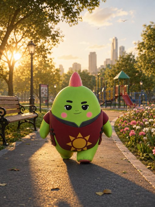 A cute green mascot character with a pink mohawk stands in a sunlit park pathway, with the post promoting sleepagotchi's agentic wellness app and its underlying $SLEEP token for AI credits and shopping agent purchases, hinting that this cheerful mascot represents the brand turning health data into real-world actions.