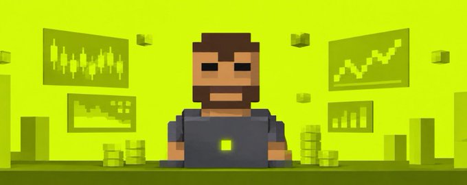 A pixel art image of a bearded man working on a laptop, set against a green background featuring trading charts, graphs, and stacks of coins.
