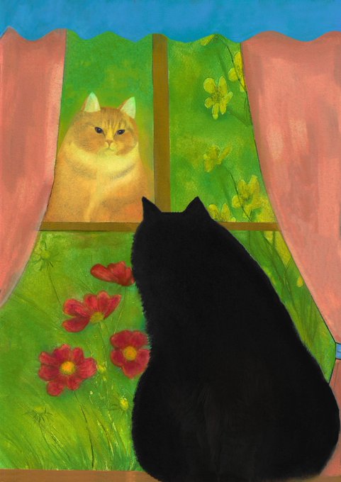 An illustration showing a black cat sitting on a windowsill looking out at another orange cat through a window surrounded by red flowers.