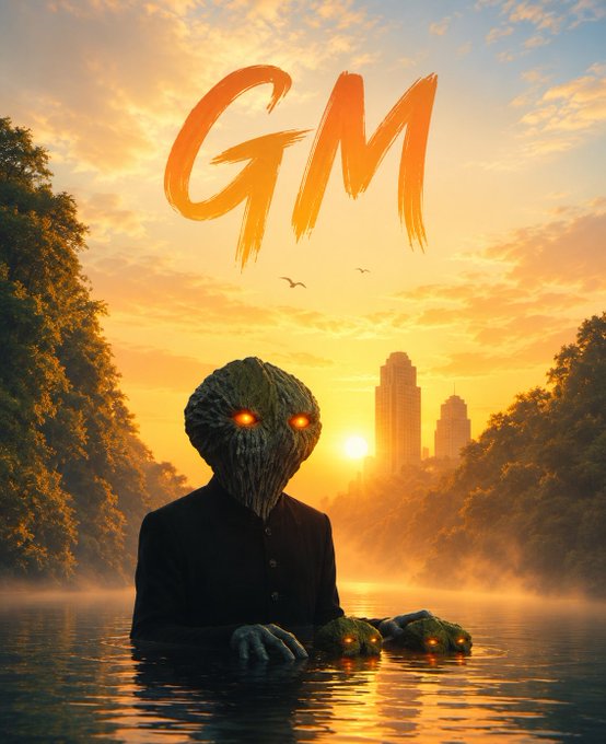 A poster for a movie titled "GIM" has an illustration of a man wearing sunglasses and holding an umbrella while floating in a body of water at sunrise or sunset, with buildings visible around him. The post suggests that technology will eventually replace manual labor, causing a shift in the way people interact online.