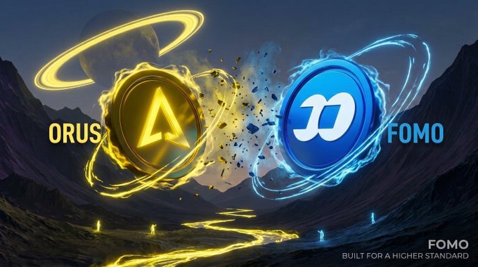 A promotional graphic showing two glowing coins labeled 'ORUS' and 'FOMO' clashing in a cosmic landscape, with the tagline 'BUILT FOR A HIGHER STANDARD' in the corner.