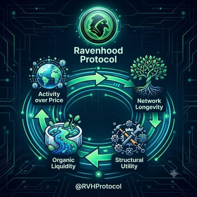 An infographic for Ravenhood Protocol displaying a circular flow diagram connecting four concepts: "Activity over Price" (globe icon), "Network Longevity" (tree icon), "Structural Utility" (tools icon), and "Organic Liquidity" (river icon), with the handle "@RVHProtocol" at the bottom.