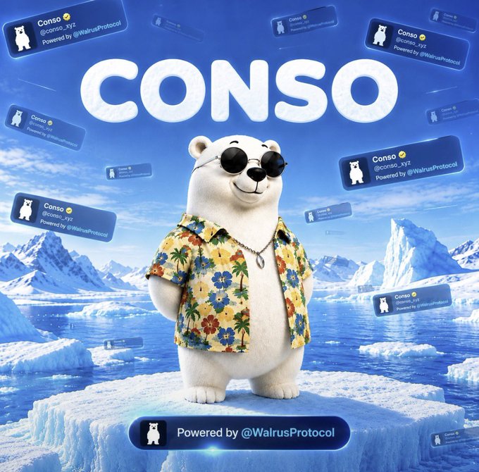 A promotional image for 'CONSO' (@conso_xyz) featuring a 3D-rendered polar bear wearing sunglasses and a floral shirt standing on an iceberg, with the text 'Powered by @WalrusProtocol.'