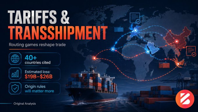 An infographic titled 'TARIFFS & TRANSSHIPMENT' about routing games reshaping trade, mentioning 40+ countries cited and an estimated loss of $19B-$26B.
