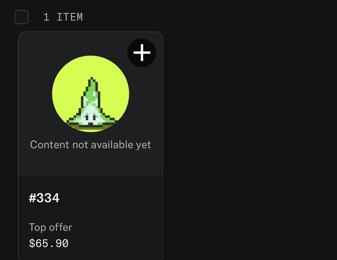 An NFT listing page showing item #334 with a pixelated mushroom artwork, marked as "Content not available yet" with a top offer of $65.90.
