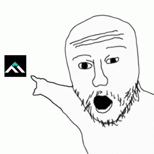 A simple line-drawn Wojak-style meme face with an open mouth pointing at a small black square icon containing a teal mountain-like logo.