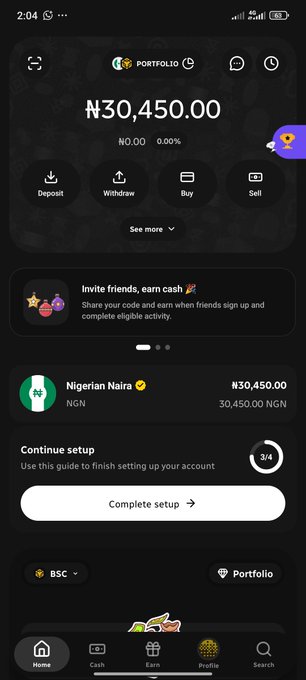 A mobile wallet app (PORTFOLIO) displaying a balance of ₦30,450.00 Nigerian Naira (NGN), with options to Deposit, Withdraw, Buy, and Sell.