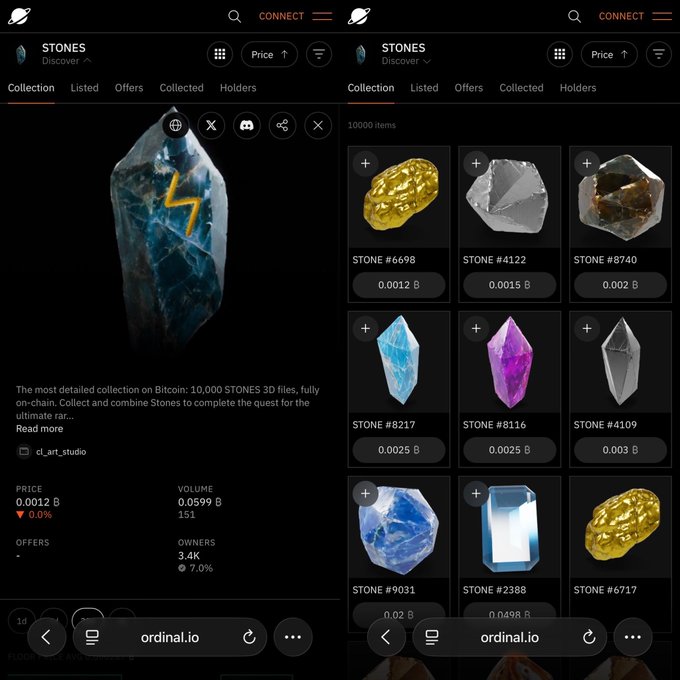 Two screenshots of the Ordinals.io marketplace showing the 'STONES' NFT collection by cl_art_studio, featuring 10,000 on-chain 3D stones with various gems priced in Bitcoin.